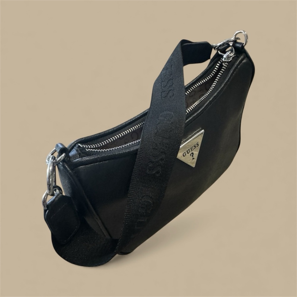 GUESS Black Belt Bag with Silver Accents